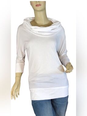 NEW YORK & COMPANY WHITE JERSEY KNIT COWL NECK LONG TUNIC (XS)